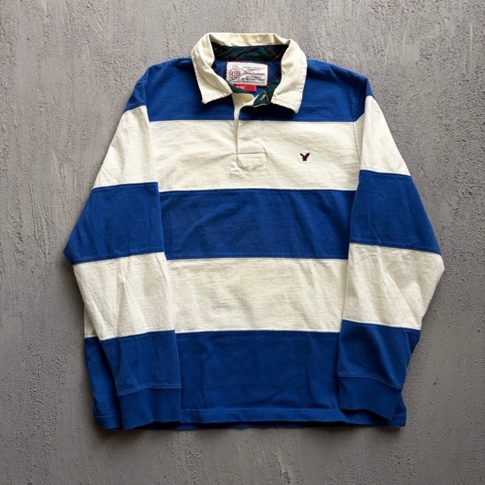 Vintage American Eagle Rugby Shirt XL Blue 90s Striped Long Sleeve Polo